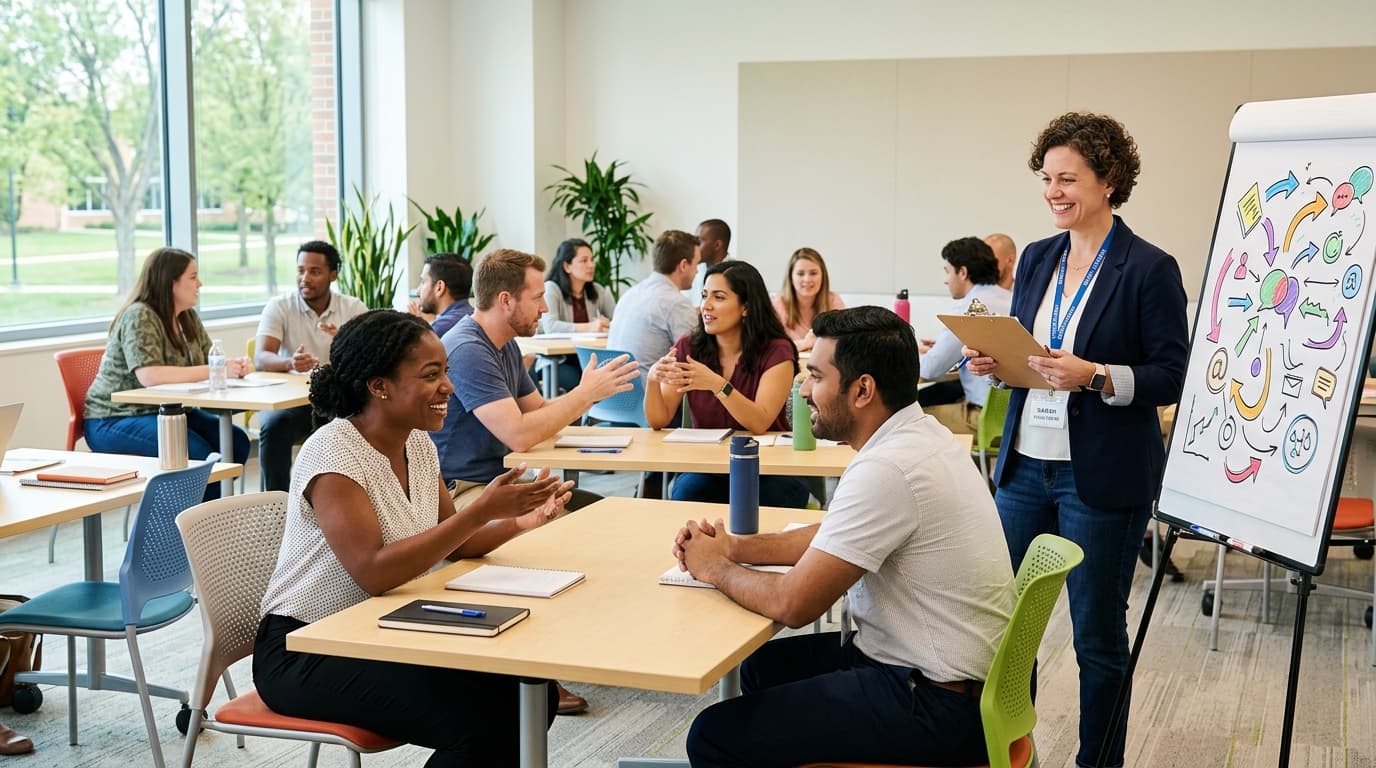 Təlimçi soft skills təlimində cütlərlə ünsiyyət məşqini izləyir